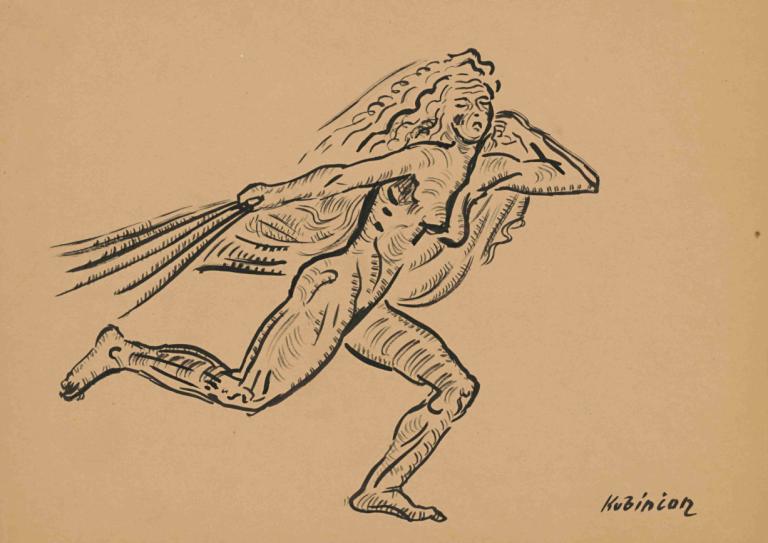 Female figure (Wind),女性形象（风）,Arnold Peter Weisz-Kubínčan,阿诺德-彼得-魏斯-库宾,素描,素描, 1个女孩, 独奏, 单色, 长发, 裸体, 手扇, 乳房, 保持