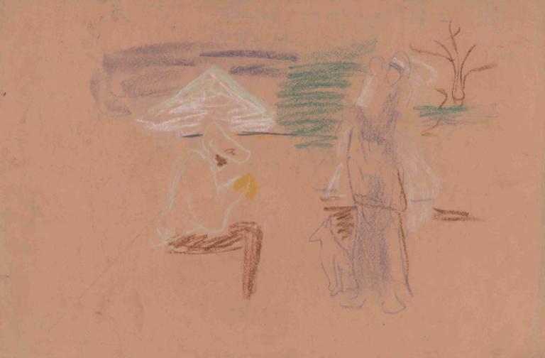 Figural Sketch,Figurální skica,Arnold Peter Weisz-Kubínčan,Pastelové,Pastelové, sedící, strom, více dívek