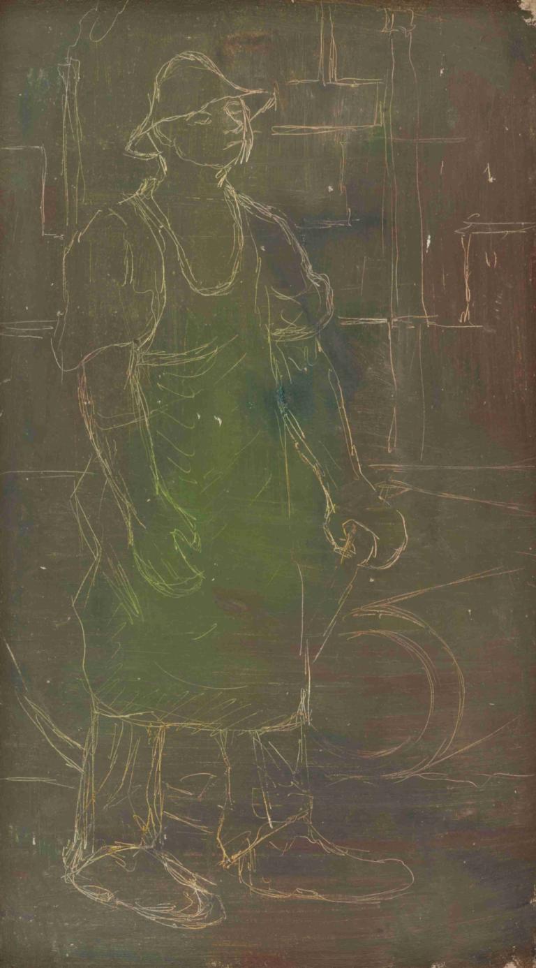 Furnace Operator,Arnold Peter Weisz-Kubínčan,Pastel,Pastel, 1boy, solo, male focus, standing, monochrome, hat