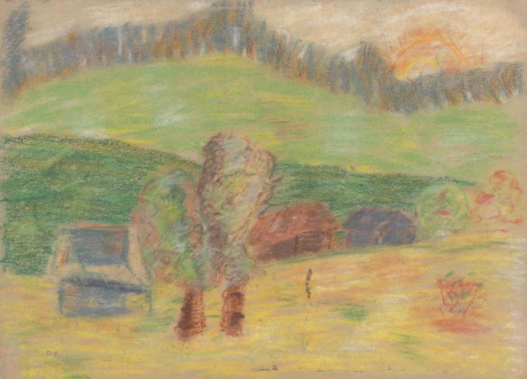 Hay Barn,ヘイバーン,Arnold Peter Weisz-Kubínčan,アーノルド・ピーター・ヴァイス・クービン,パステル画,パステル画, 従来のメディア, 自然, 自動車, 地上車両, 屋外, 1女の子