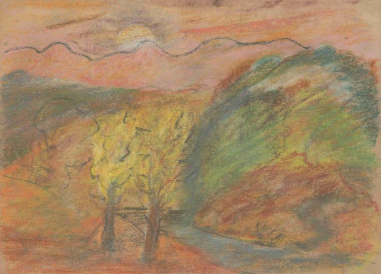 Hilly Landscape,丘陵景观,Arnold Peter Weisz-Kubínčan,阿诺德-彼得-魏斯-库宾,粉彩画,粉彩画, 没有人类, 树, 传统媒体, 风景, 山, 户外, 景观, 绘画（中）