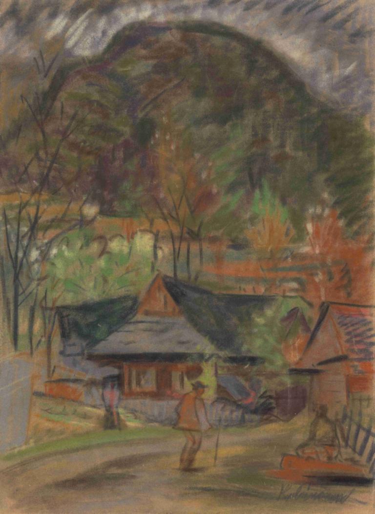 In a Village,В деревне,Arnold Peter Weisz-Kubínčan,Арнольд Петер Вайш-Кубин,Пастель,Пастель, 1 девушка, дом