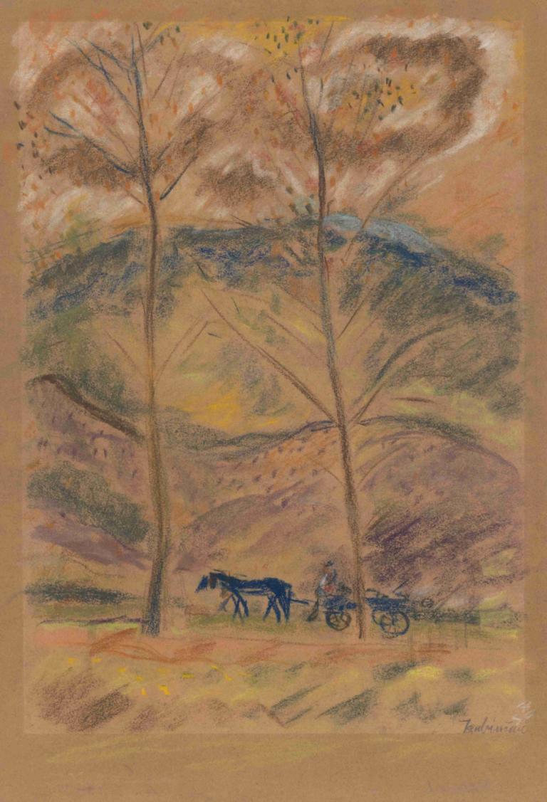 Landscape with Waggoner,瓦格纳的风景,Arnold Peter Weisz-Kubínčan,阿诺德-彼得-魏斯-库宾,粉彩画,粉彩画, 树, 骑术, 马, 传统媒体, 户外, 没有人类