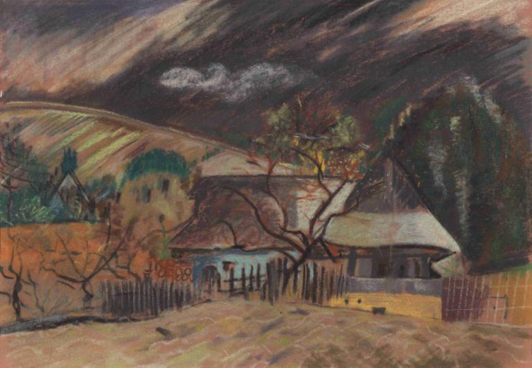 Lonely House,孤独之家,Arnold Peter Weisz-Kubínčan,阿诺德-彼得-魏斯-库宾,粉彩画,粉彩画, 树, 没有人类, 风景, 传统媒体, 户外, 绘画（中）, 栅栏, 光秃秃的树