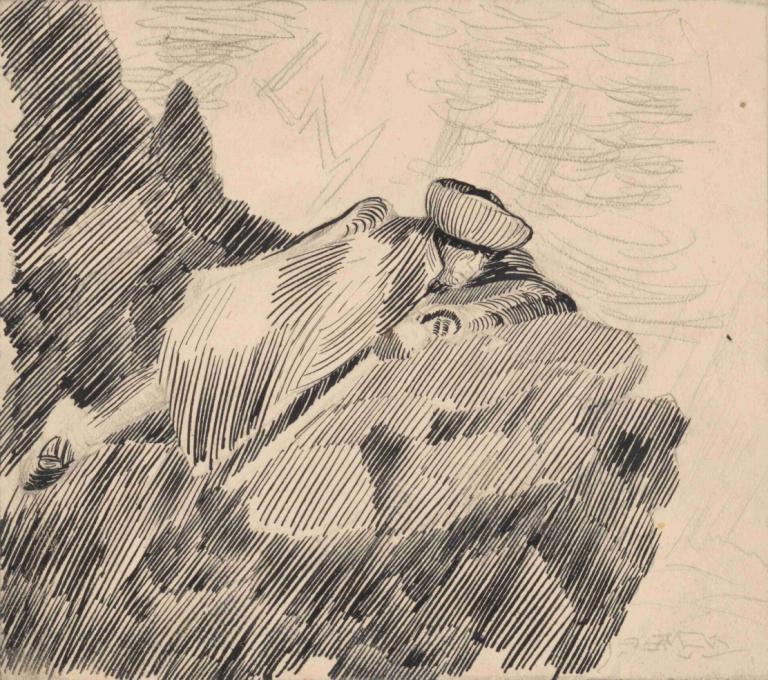 Man Reclining on a Rock,躺在岩石上的人,Arnold Peter Weisz-Kubínčan,阿诺德-彼得-魏斯-库宾,素描,素描, 单色, 帽子, 没有人类, 鸟, 传统媒体, 尖顶帽