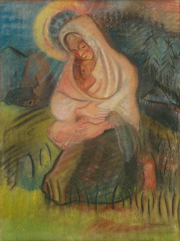 Mother with a Child,母亲与孩子,Arnold Peter Weisz-Kubínčan,阿诺德-彼得-魏斯-库宾,粉彩画,粉彩画, 草, 睡眠, 闭着眼睛, 1男孩, 1个女孩, 月亮, 拥抱