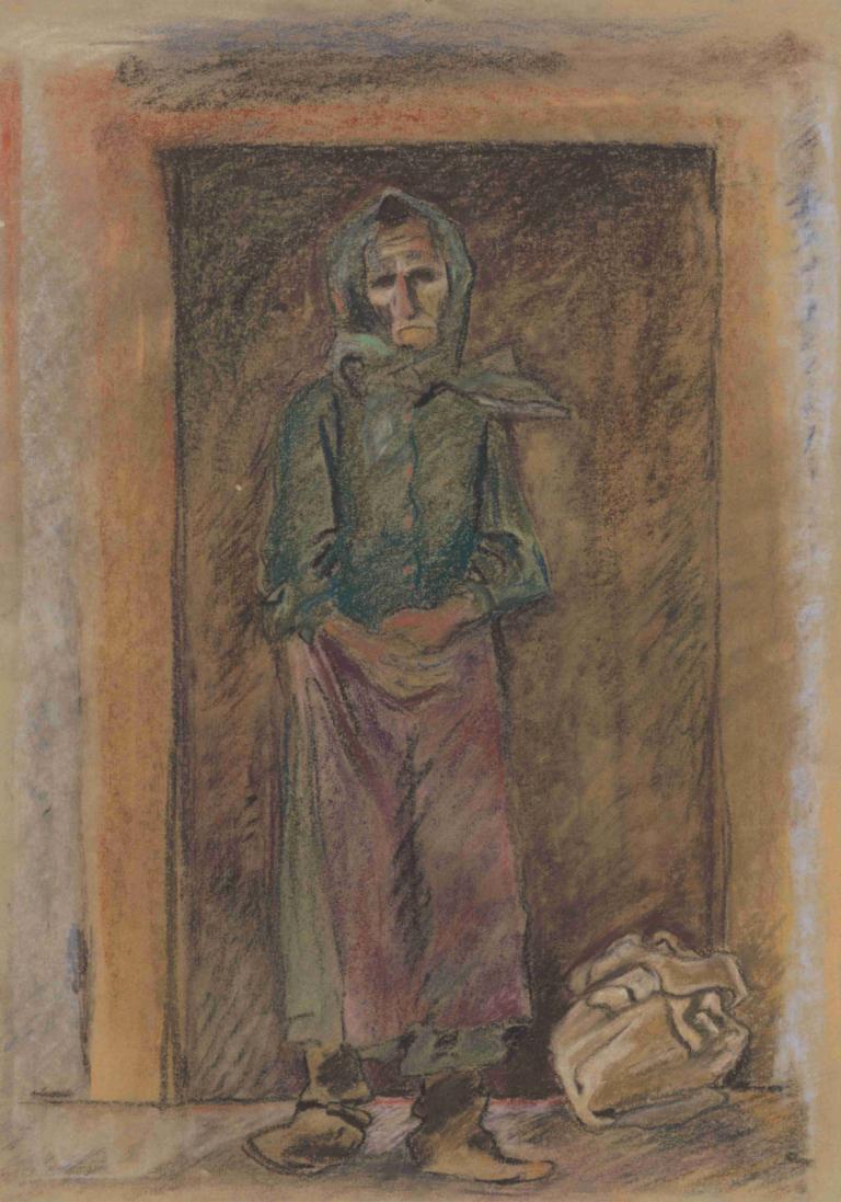 Old Woman,老妇人,Arnold Peter Weisz-Kubínčan,阿诺德-彼得-魏斯-库宾,粉彩画,粉彩画, 独奏, 男性焦点, 1男孩, 兜帽, 包, 常设, 双手插在口袋里, 传统媒体, 全身