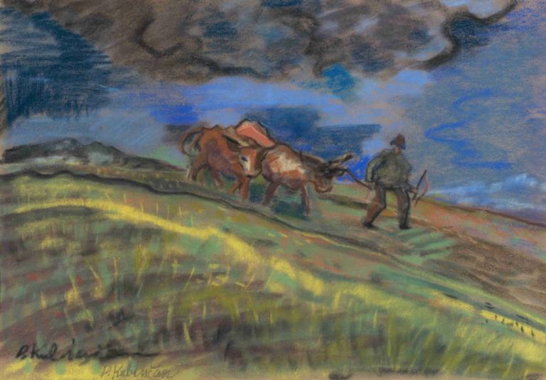 Ploughman,犁耕者,Arnold Peter Weisz-Kubínčan,阿诺德-彼得-魏斯-库宾,粉彩画,粉彩画, 户外, 1男孩, 弓（武器）, 云, 天空, 武器, 草, 传统媒体, 保持, 男性焦点