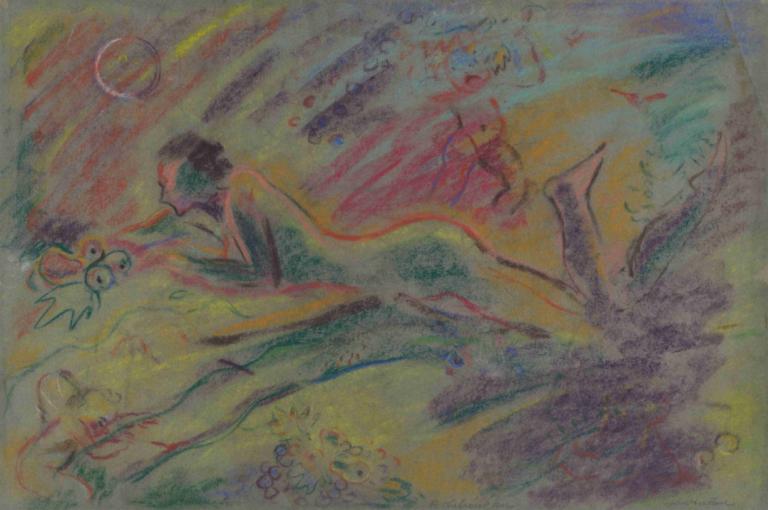 Reclining Female Nude in a Landscape,Ležící ženský akt v krajině,Arnold Peter Weisz-Kubínčan,Pastelové