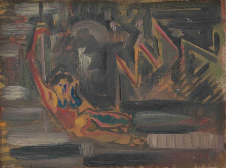 Reclining Woman,躺着的女人,Arnold Peter Weisz-Kubínčan,阿诺德-彼得-魏斯-库宾,粉彩画,粉彩画, 1个女孩, 独奏, 黑发, 坐着