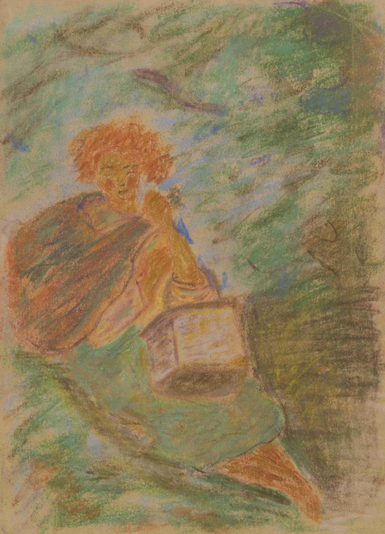 Resting Woman with a Basket,提篮休息的妇女,Arnold Peter Weisz-Kubínčan,阿诺德-彼得-魏斯-库宾,粉彩画,粉彩画, 独奏, 1男孩, 男性焦点, 传统媒体, 赤脚