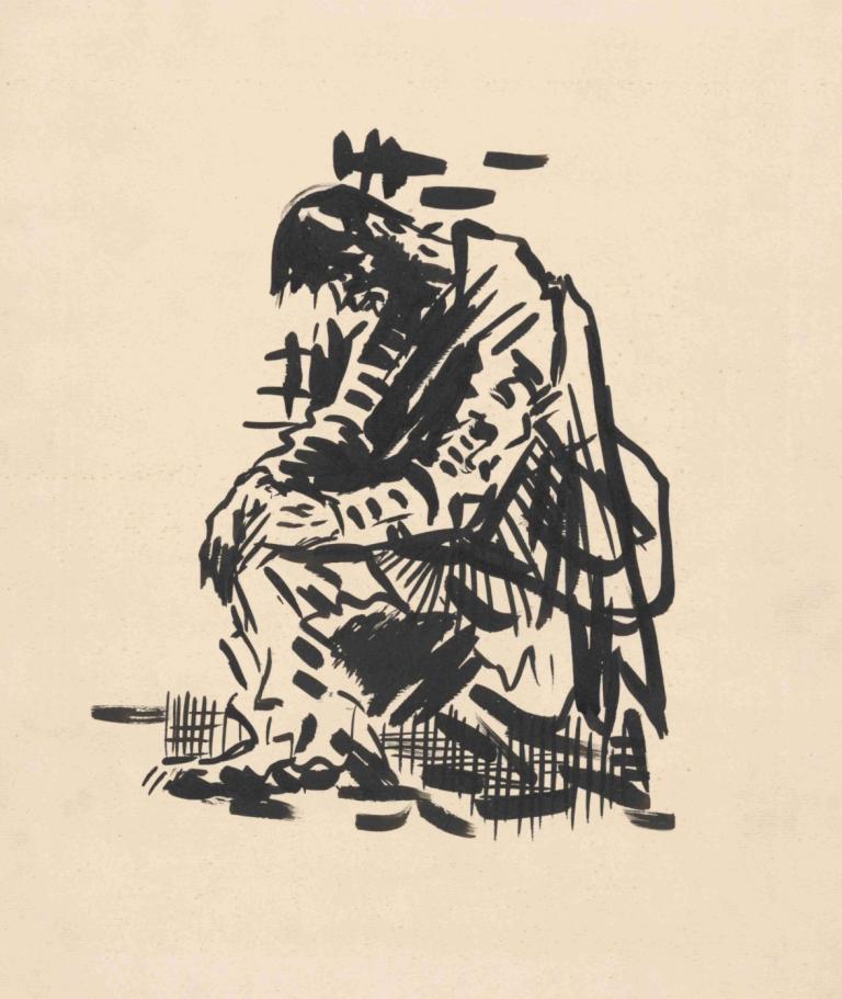 Seated Man (Tired),Arnold Peter Weisz-Kubínčan,Sketch,Sketch, monochrome, solo, 1boy, male focus, sitting