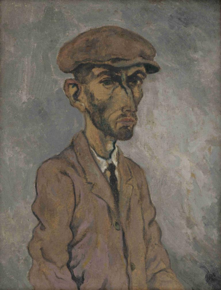 Self-Portrait,Arnold Peter Weisz-Kubínčan,Pastel,Pastel, 1boy, solo, male focus, hat, facial hair, necktie