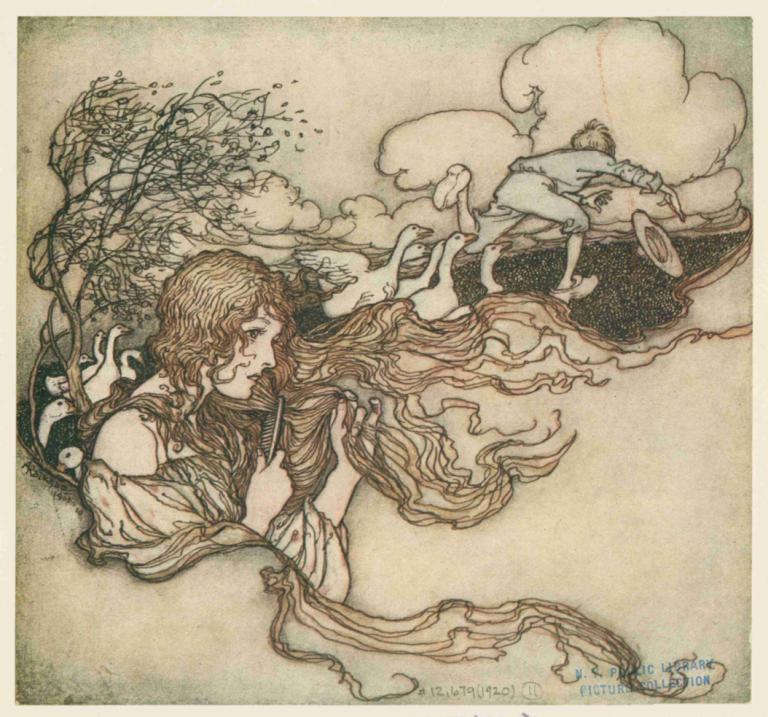 'Blow, blow, little breeze, And Conrad's hat seize.',Arthur Rackham,Illustration,Illustration, 1girl