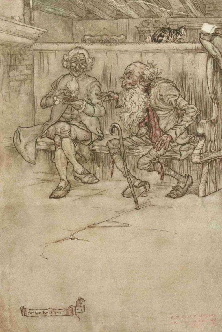 'He took his place once more on the bench at the inn-door',Arthur Rackham,Copperplate Etching