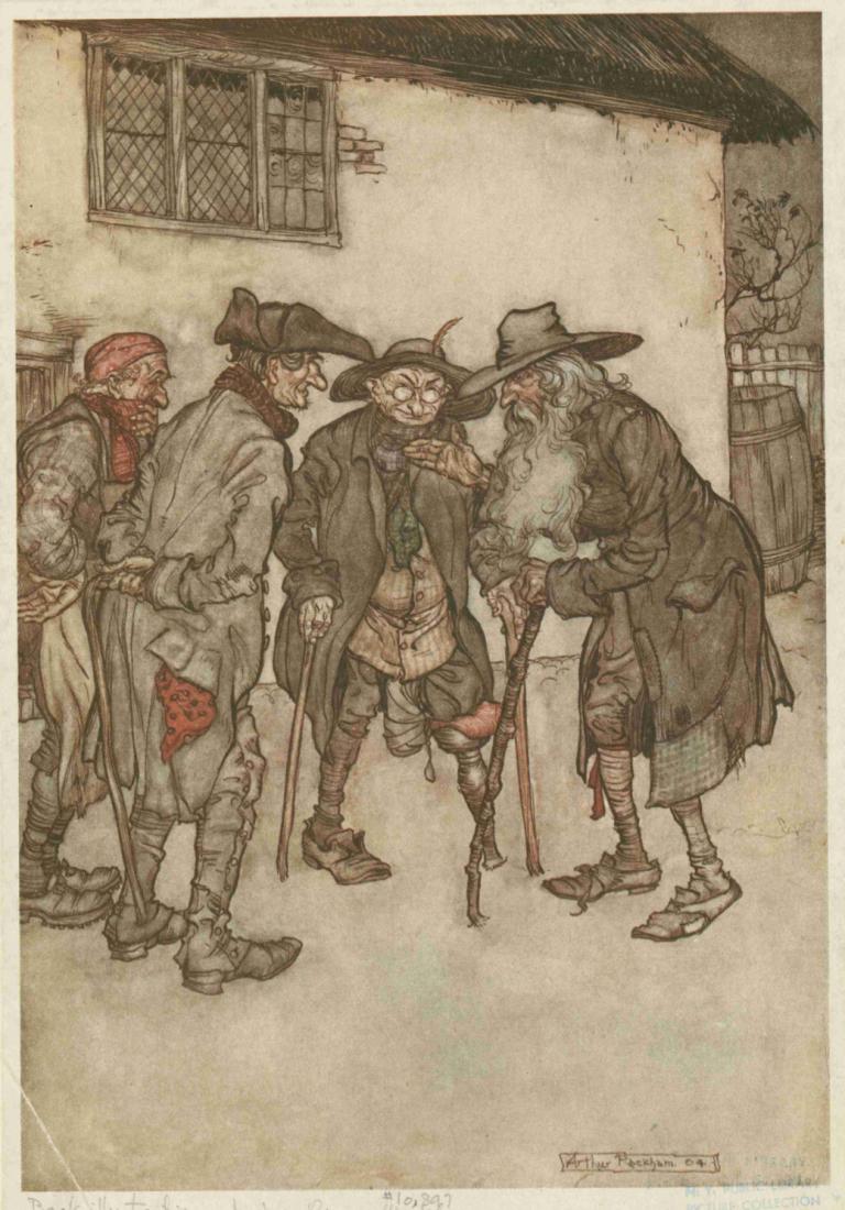 'They crowed round him, eyeing him from head to foot with great curiosity.',Arthur Rackham,Illustration