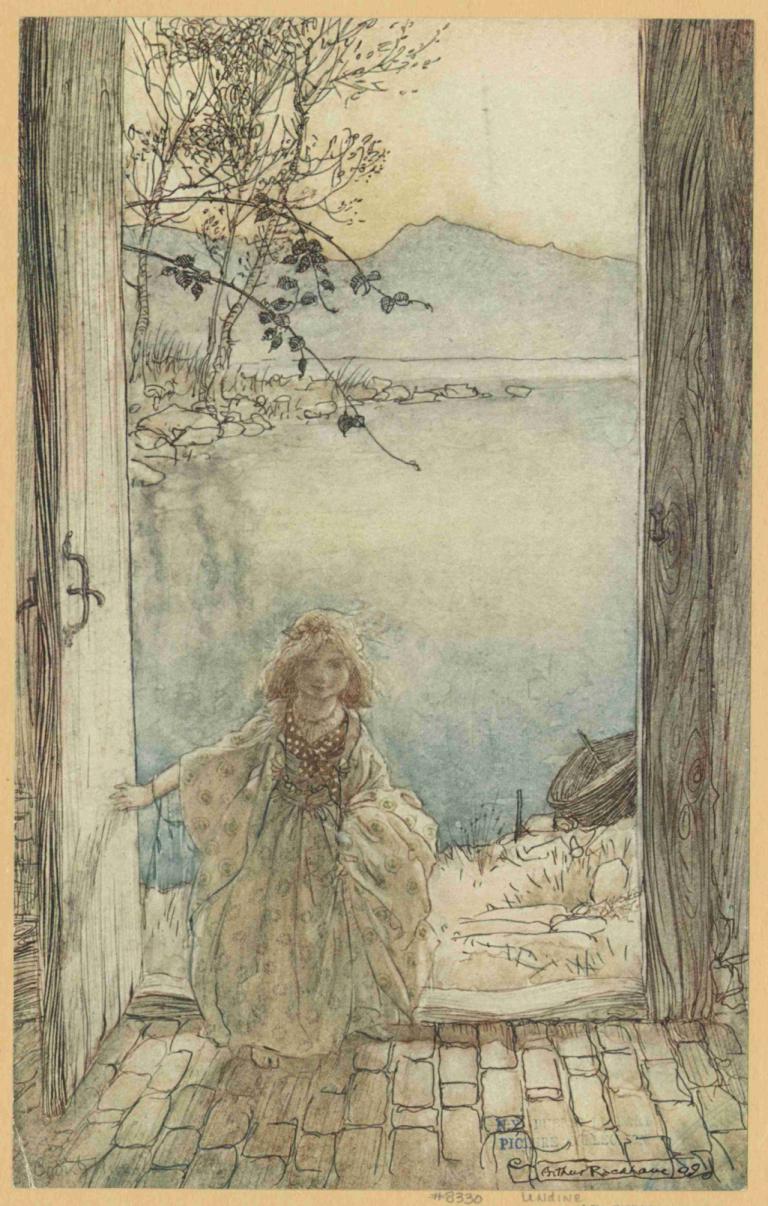 A beautiful little girl clad in rich garments stood there on the threshold smiling,Arthur Rackham