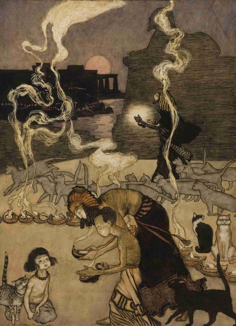 All Through Egypt Every Man Burns a Lamp,Arthur Rackham,Illustration,Illustration, watercraft, multiple girls