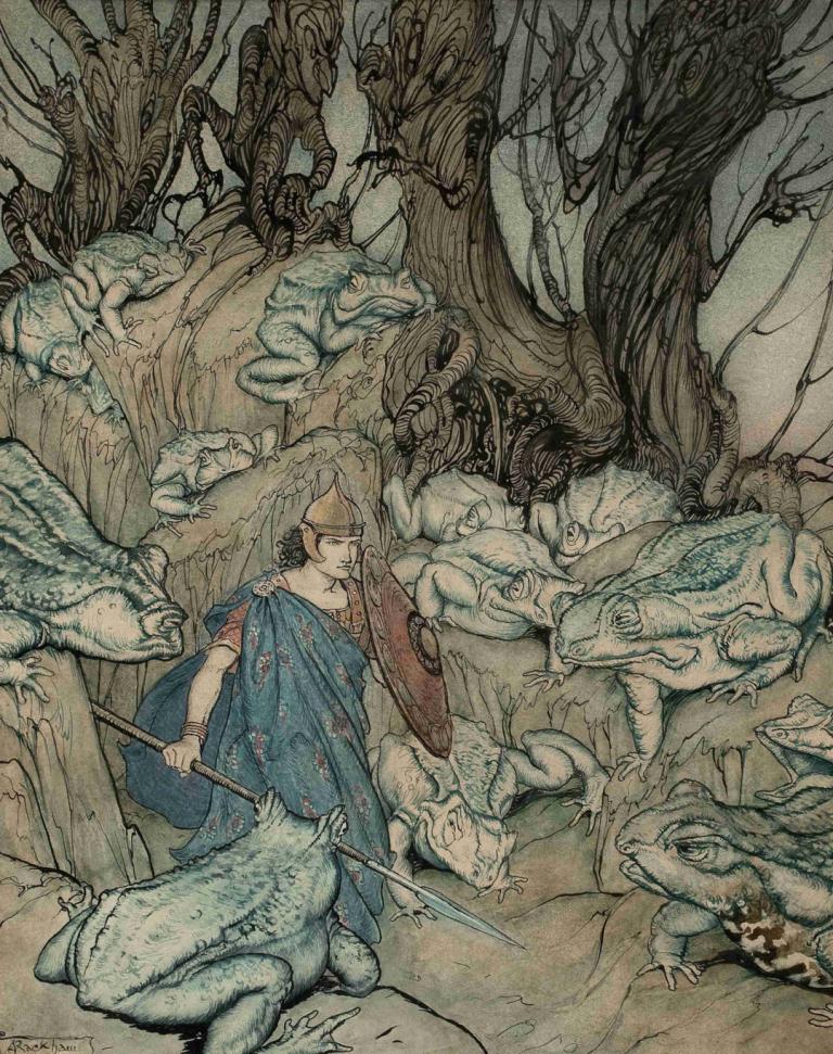 Becuma of the White Skin,白い肌のベクマ,Arthur Rackham,アーサー・ラッカム,イラスト,イラスト, 武器, ポールアーム, 武器を保持, 槍, ホールディング, ポールアームを保持