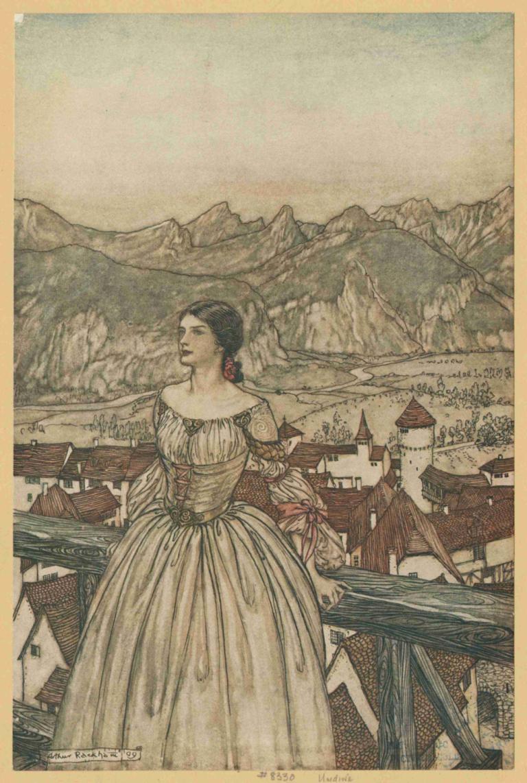 Bertalda,Arthur Rackham,Illustration,Illustration, 1girl, dress, mountain, outdoors, earrings, black hair