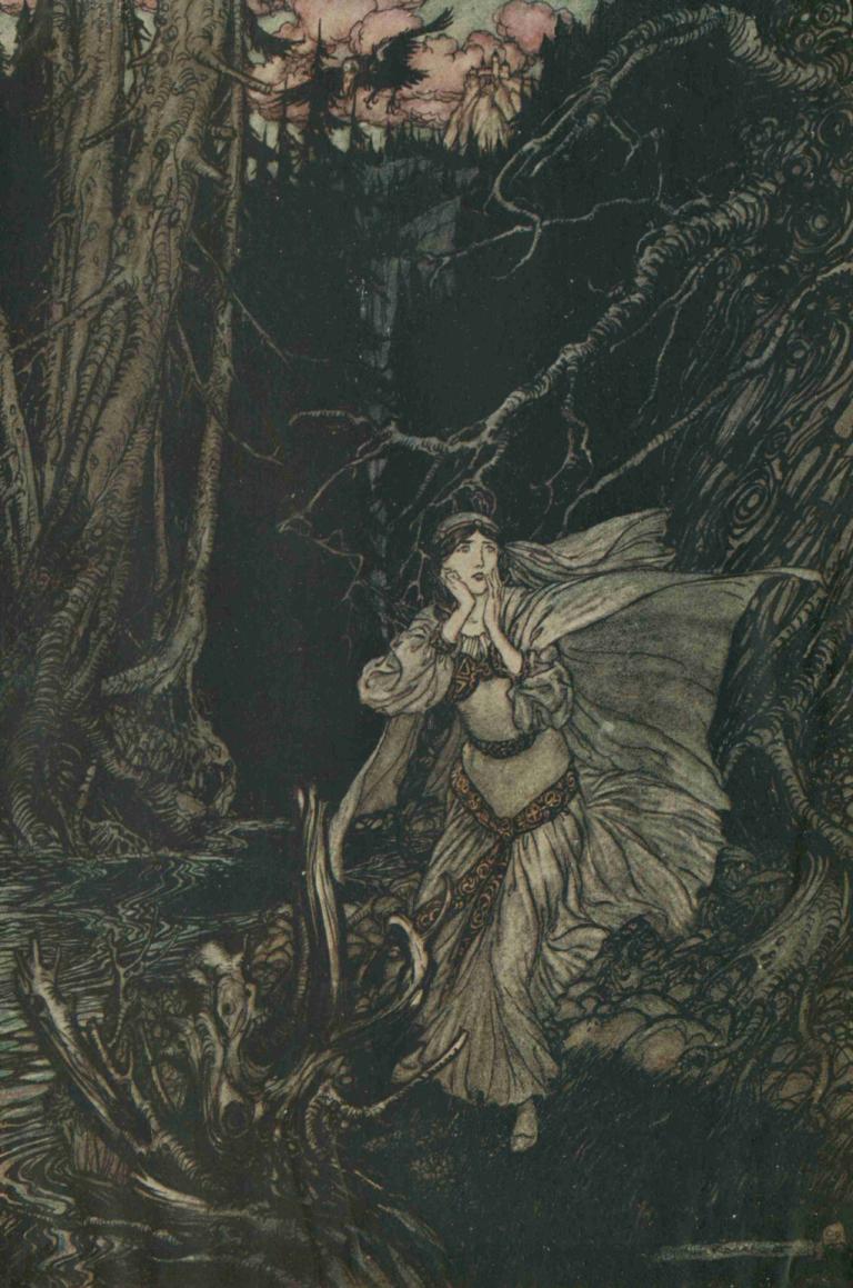 Berthalda in the Black Valley,ブラックバレーのベルタルダ,Arthur Rackham,アーサー・ラッカム,イラスト,イラスト, 木, 1女の子, 自然, ソロ, 桜