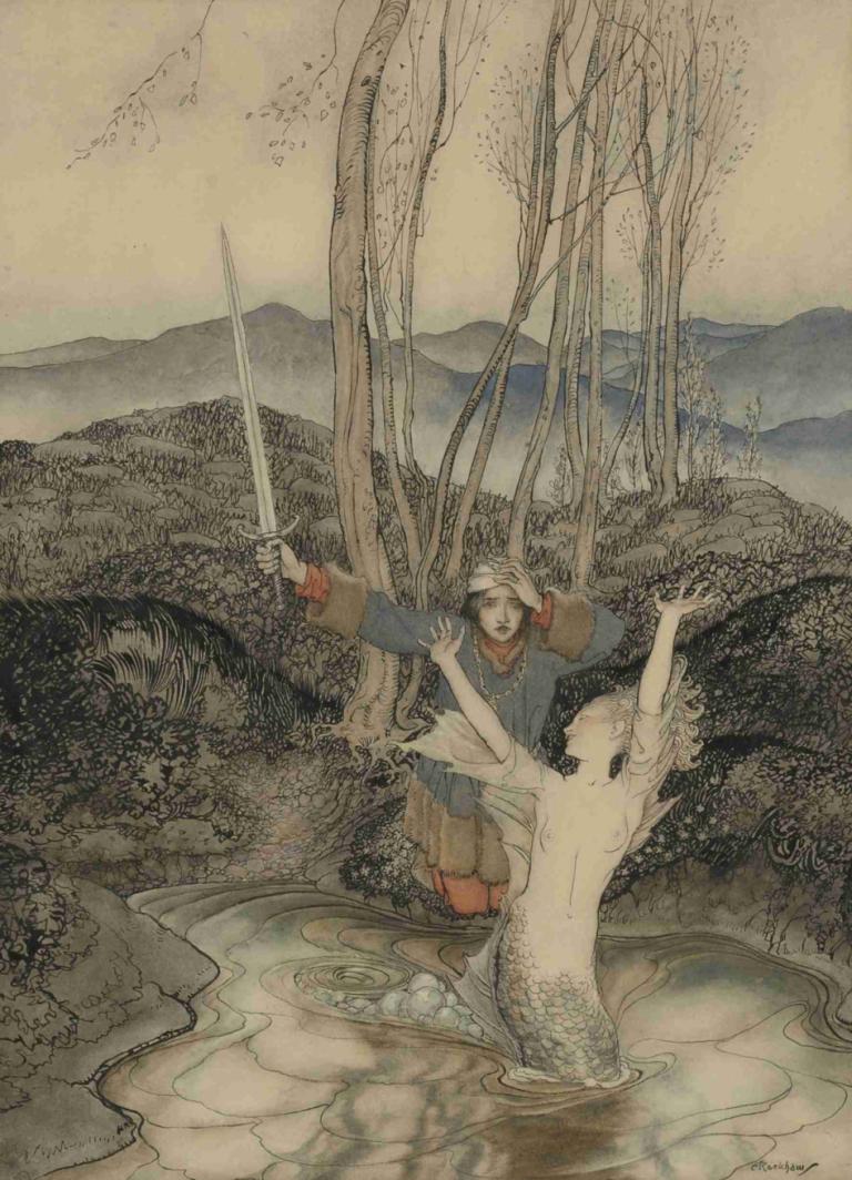 Clerk Coville,Arthur Rackham,Illustratie,Illustratie, wapen, zwaard, water, boom, wapen vasthouden, natuur