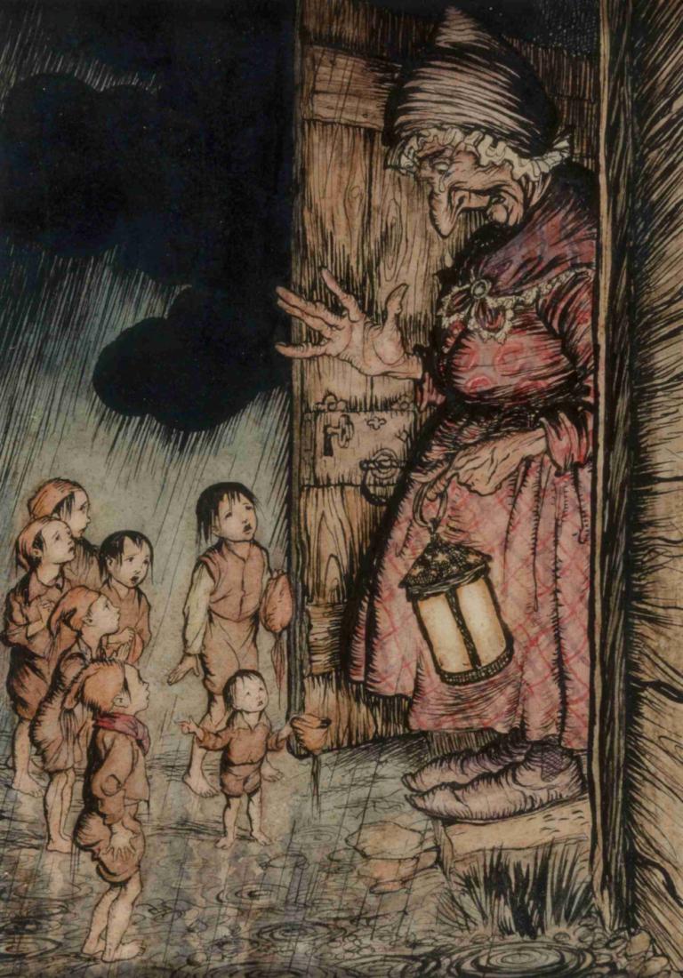 Hop-O'-My-Thumb,Arthur Rackham,Ilustrasi,Ilustrasi, lentera, tua, banyak anak laki-laki, banyak gadis, anak