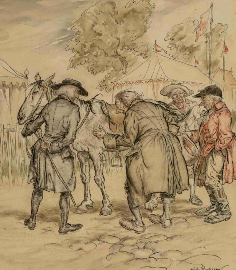 Horse-Trading at a Country Fair,Menunggang Kuda di Pekan Raya Desa,Arthur Rackham,Ilustrasi,Ilustrasi, kuda