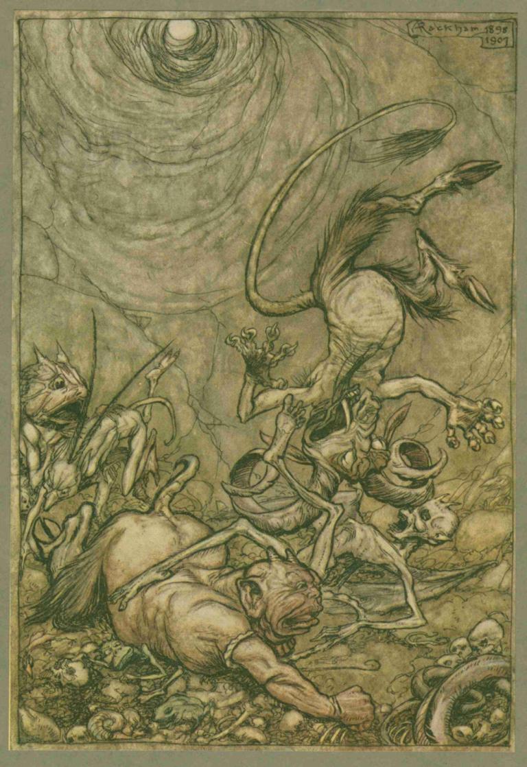 Into the bottomless pit he fell slap.,Он упал в бездонную яму.,Arthur Rackham,Артур Рэкхем,Иллюстрация