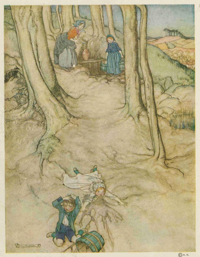 Jack and Jill,Jack in Jill,Arthur Rackham,Ilustracija,Ilustracija, več fantov, drevo, tradicionalni mediji