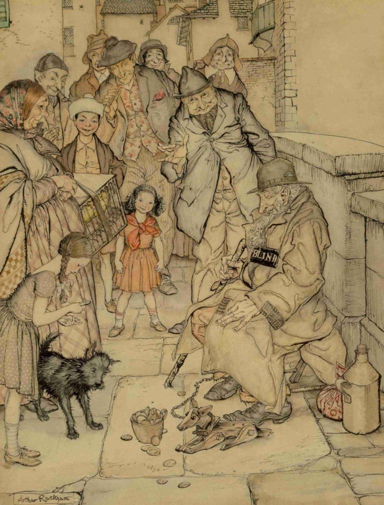 Poor Cecco Goes into Business,可怜的塞科开始做生意,Arthur Rackham,亚瑟-拉克姆,插画,插画, 多个女孩, 多个男孩, 帽子, 老的, 猫, 传统媒体, 裙子, 6+男孩