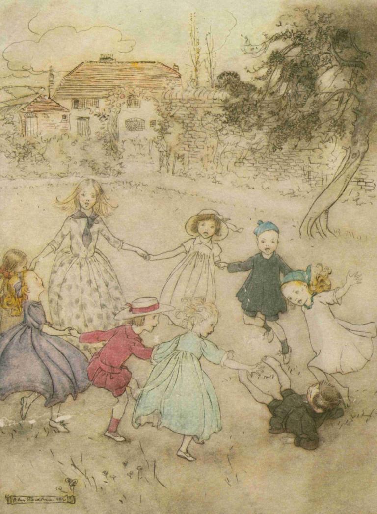 Ring a ring o' roses.,玫瑰花环,Arthur Rackham,亚瑟-拉克姆,插画,插画, 多个女孩, 牵手, 裙子, 多个男孩, 帽子, 树, 房子, 棕色的头发, 孩子, 传统媒体, 6+女孩