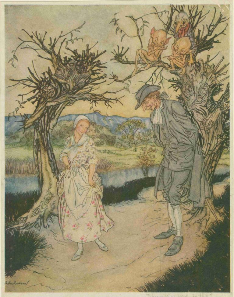 Sauntering along in the twilight,在暮色中踱步,Arthur Rackham,亚瑟-拉克姆,插画,插画, 树, 帽子, 1个女孩, 裙子, 户外, 老的, 1男孩, 碎花, 阿斯科特