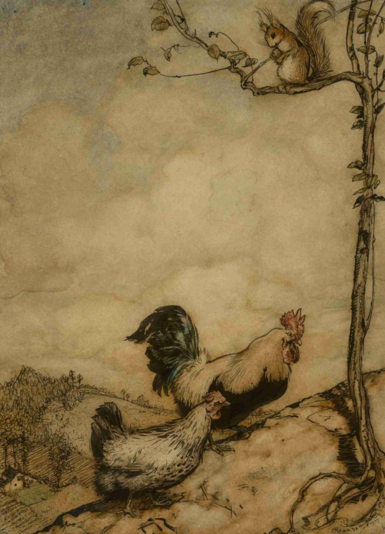 The Adventure of Chanticleer and Partlet,尚特克勒和帕特莱特的奇遇记,Arthur Rackham,亚瑟-拉克姆,插画,插画, 没有人类, 鸟, 动物化, 植物, 树, 美术模仿