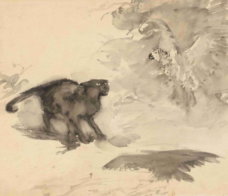 The Cat and the Eagle,猫和鹰,Arthur Rackham,亚瑟-拉克姆,素描,素描, 没有人类, 动物焦点, 翅膀, 单色, 鸟, 动物, 猫, 传统媒体, 假传统媒体