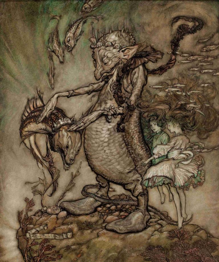 The Fish King and the Dog Fish,鱼王和狗鱼,Arthur Rackham,亚瑟-拉克姆,插画,插画, 1个女孩, 鱼, 1男孩, 赤脚, 裙子, 尖耳朵, 水下, 长发, 传统媒体