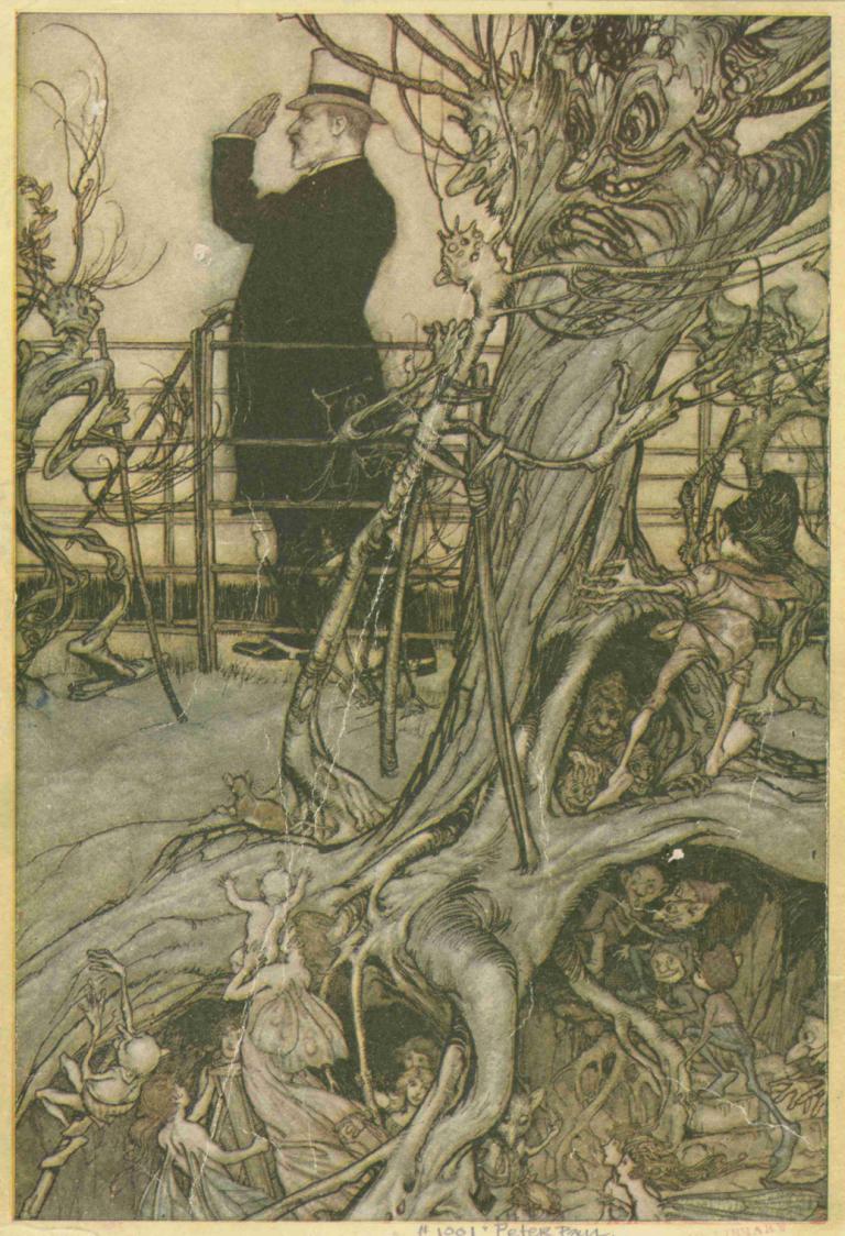 The Kensington Gardens are in London, where the King lives,肯辛顿花园位于伦敦，是国王居住的地方,Arthur Rackham,亚瑟-拉克姆,插画,插画, 树