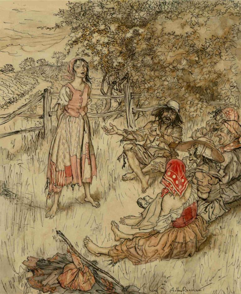 The Peasant Story Teller,讲故事的农民,Arthur Rackham,亚瑟-拉克姆,插画,插画, 多个男孩, 赤脚, 帽子, 胡子, 胡须, 1个女孩, 美术模仿, 树, 坐着, 户外, 3个男孩