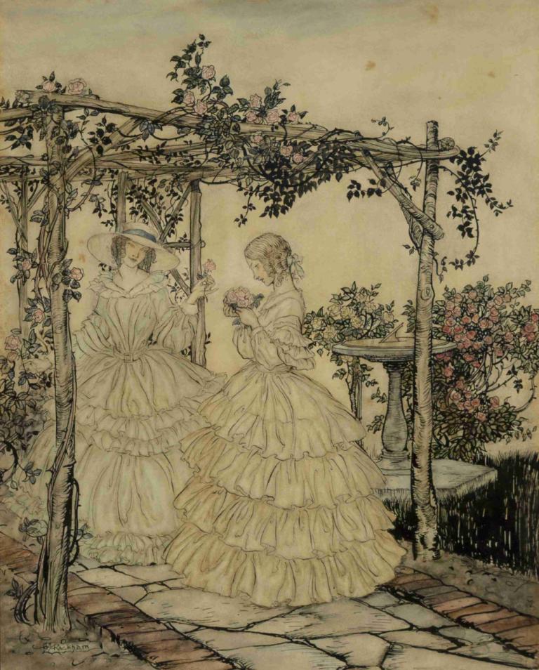 The Rose Garden,玫瑰园,Arthur Rackham,亚瑟-拉克姆,插画,插画, 裙子, 花, 2个女孩, 多个女孩, 帽子, 植物, 玫瑰, 袍, 白色礼服, 户外, 装饰, 保持, 粉红色的花