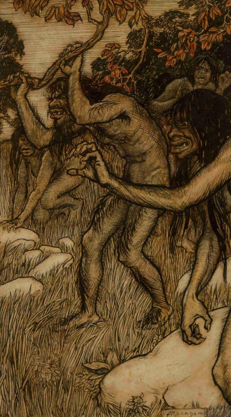 The Savages,野蛮人,Arthur Rackham,亚瑟-拉克姆,插画,插画, 多个男孩, 长发, 裸体, 树, 1个女孩, 牙齿