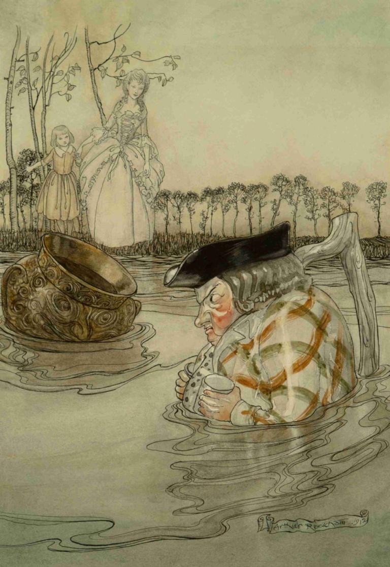 The Two Pots,两个锅,Arthur Rackham,亚瑟-拉克姆,插画,插画, 美术模仿, 老妇人, 老的, 帽子, 水, 多个女孩, 1男孩, 老人, 戏仿, 杯子, 船只, 船, 树, 裙子, 部分淹没