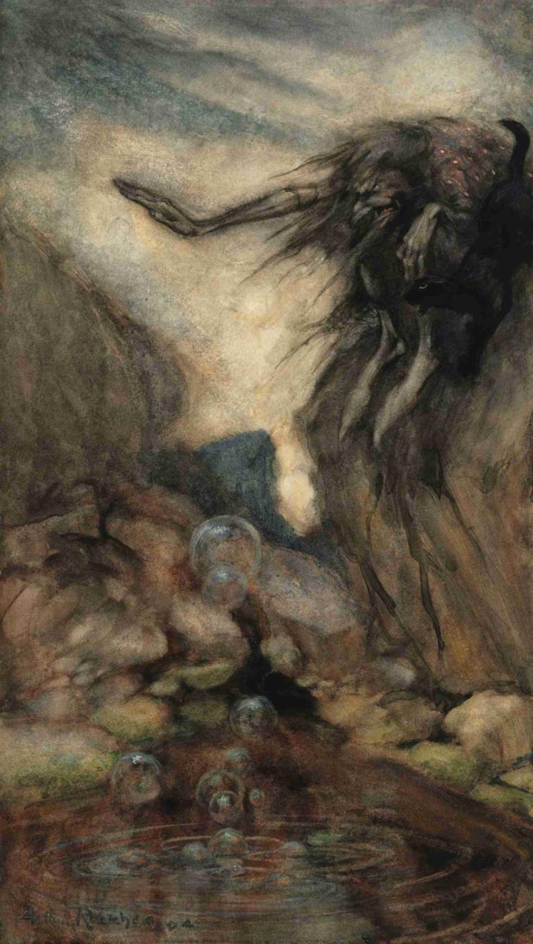 The Witch's Pool,Čarodějnický bazén,Arthur Rackham,Ilustrace,Ilustrace, netvor, voda, tradiční média, sólo