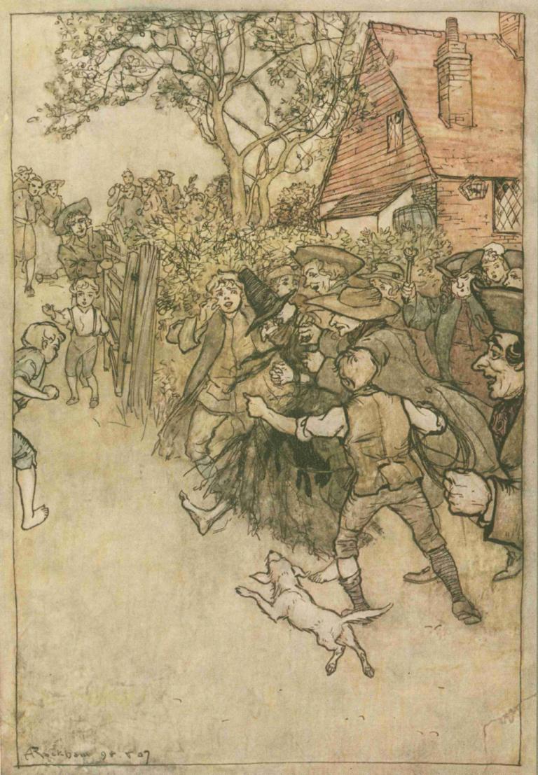 The spectre of Tappington,塔平顿的幽灵,Arthur Rackham,亚瑟-拉克姆,插画,插画, 多个男孩, 帽子, 6+男孩, 多个女孩, 树, 跑步, 猫, 女巫帽, 单色, 狗