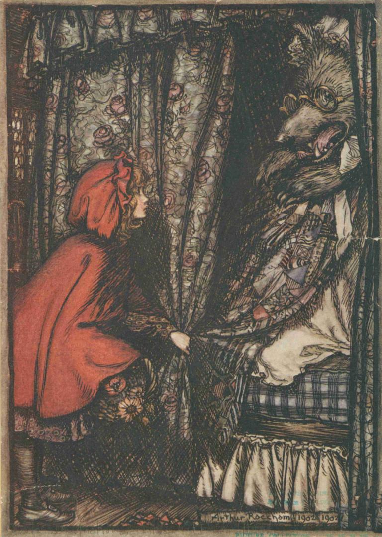 The wolf disguised as grandmother,伪装成祖母的狼,Arthur Rackham,亚瑟-拉克姆,插画,插画, 小红帽（格林童话）, 1个女孩, 花, 裙子, 兜帽, 金头发, 独奏, 玫瑰