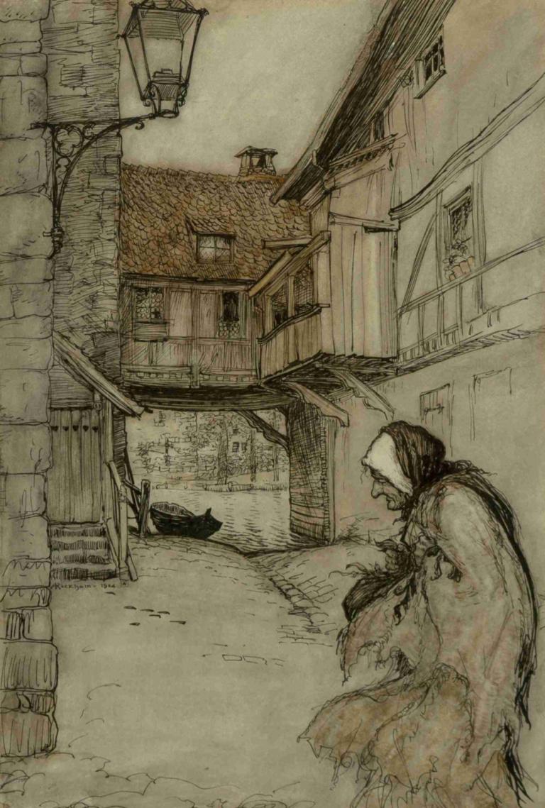 There was an Old Woman Who Lived in a Village,有一位住在村庄里的老妇人,Arthur Rackham,亚瑟-拉克姆,插画,插画, 1男孩, 独奏, 单色, 男性焦点, 房子