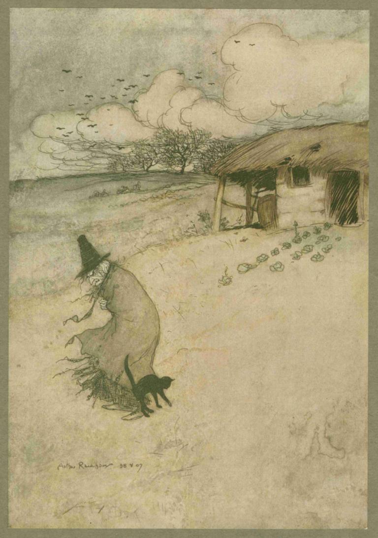 There's an old woman dwells upon Tappington Moor.,塔平顿荒原上住着一位老妇人。,Arthur Rackham,亚瑟-拉克姆,插画,插画, 云, 房子, 猫, 天空, 树