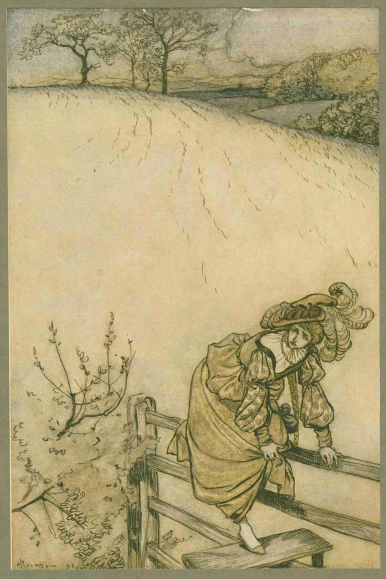 These stiles sadly bothered Odille.,Arthur Rackham,Illustration,Illustration, tree, monochrome, 1girl, solo