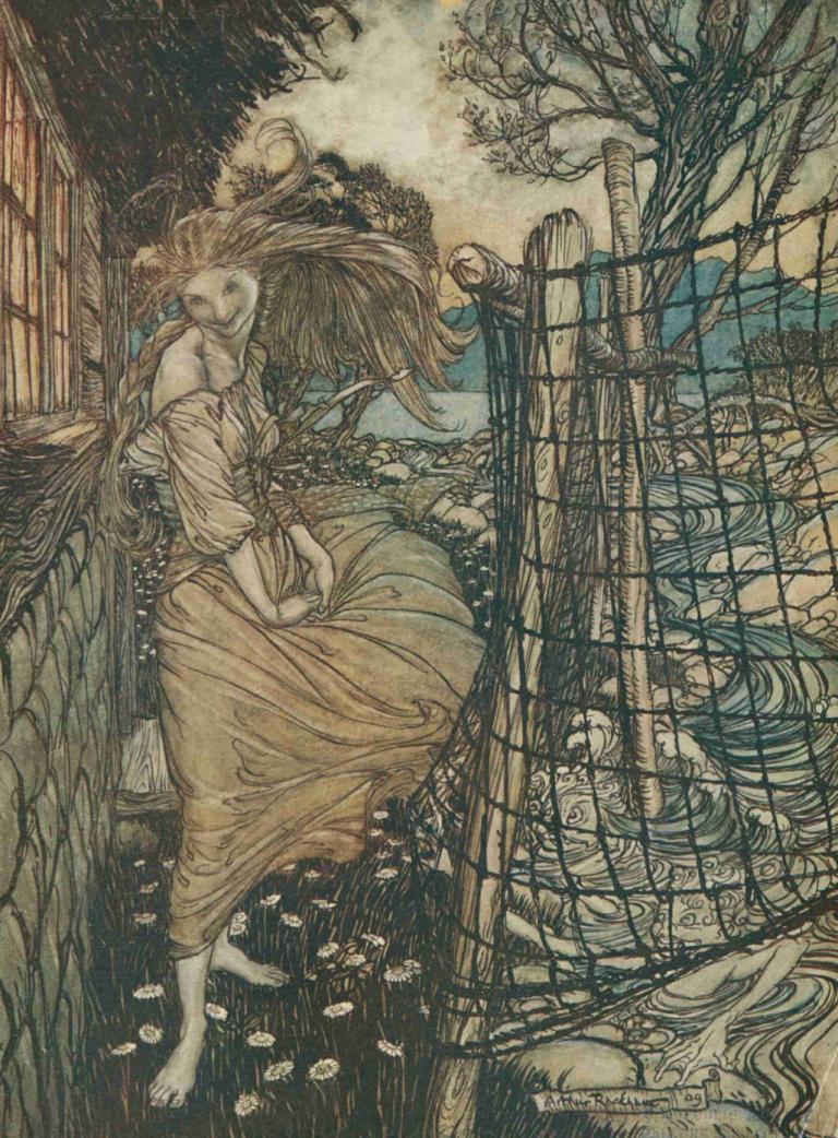 Undine outside the window,Arthur Rackham,Illustration,Illustration, 1girl, barefoot, solo, tree, dress