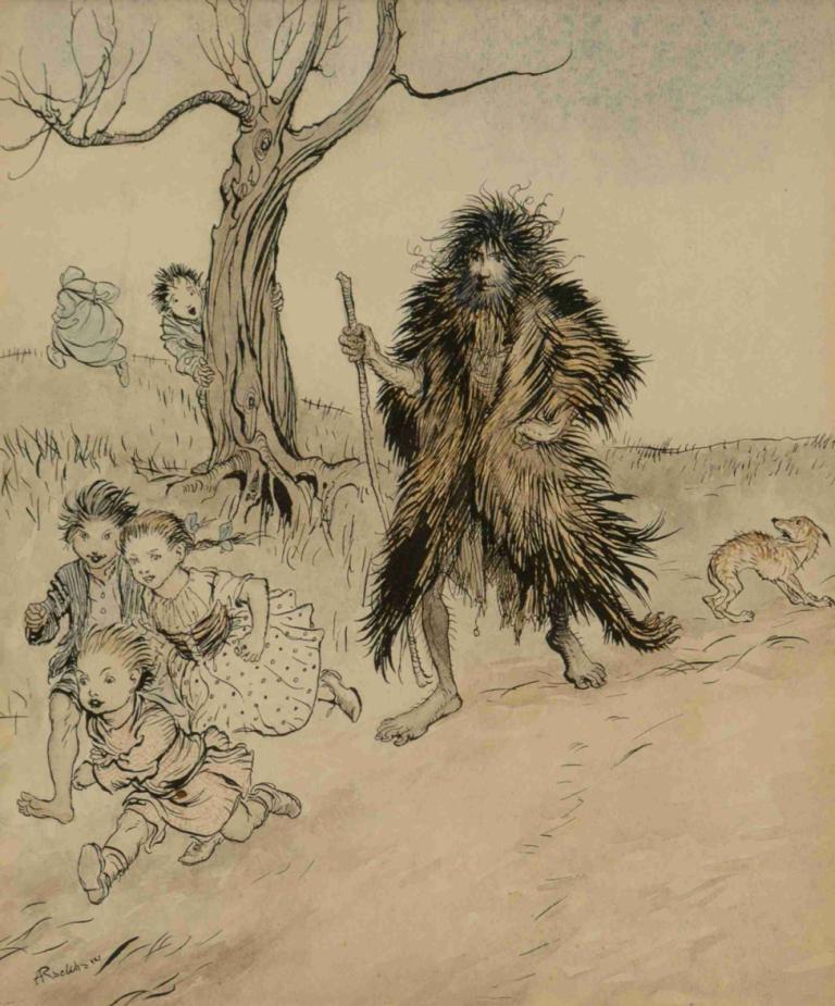 Whoever Saw Him Run Away,谁看见他逃跑了,Arthur Rackham,亚瑟-拉克姆,插画,插画, 多个男孩, 树, 1个女孩, 狗, 跑步, 孩子, 武器, 步行, 草