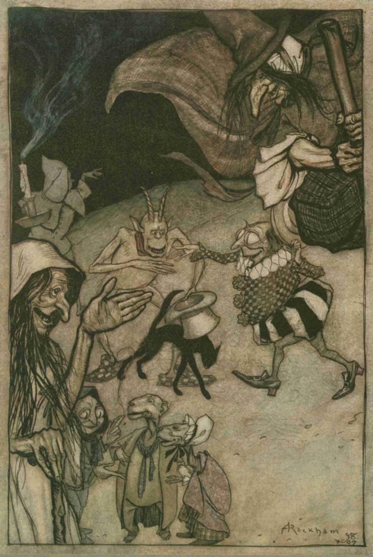 Witches and warlocks, ghosts, goblins and ghouls,女巫和術士，鬼魂，小妖精和食屍鬼,Arthur Rackham,亞瑟·拉克姆,插畫,插畫, 多個男孩, 6+男孩, 鬍子